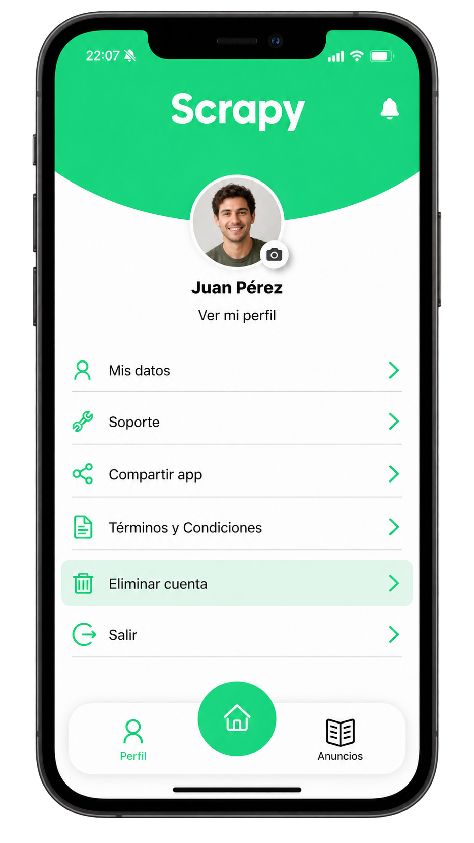 Captura de la app de Scrapy mostrando la opción Eliminar cuenta en el perfil